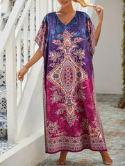 Boho Kaftan Dress Women's Tribal Print V Neck Maxi Beachwear