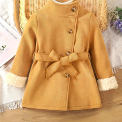 Baby Girls Solid High Neck Fleece Coat With Belt Kids Winter Jacket