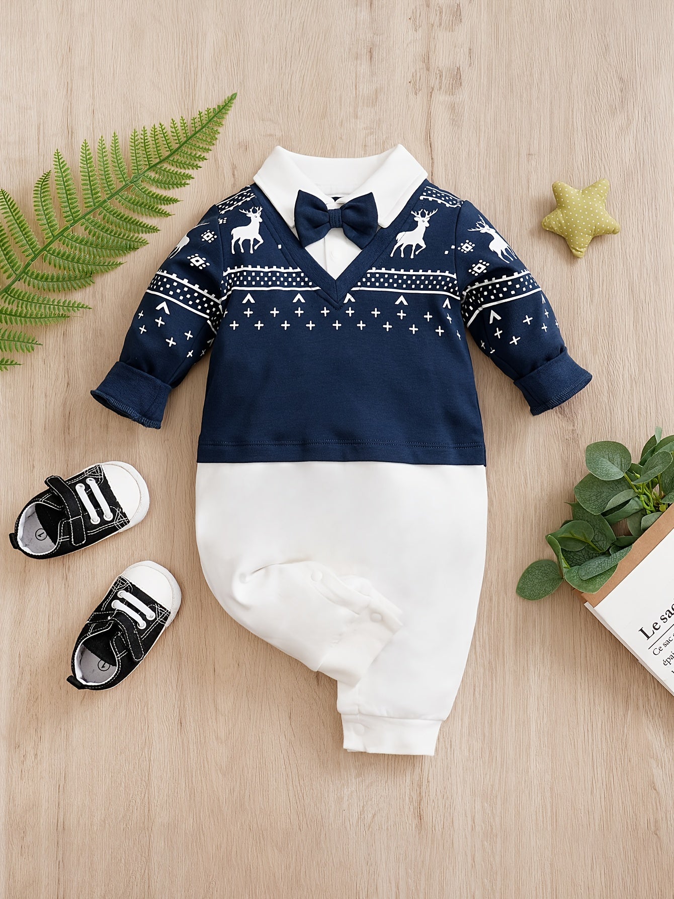 Cotton Bow Tie Baby Romper Fawn Print Boys Bodysuit