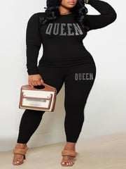 Rhinestone Letter Print Sleeve Crop Top & Leggings Set