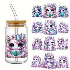 4 Watercolor Unicorn UV DTF Stickers 16oz Glass Cup Decals