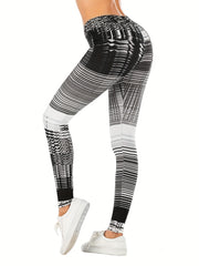 Block Striped Print Leggings Sexy High Waist Slim Long Length Leggings