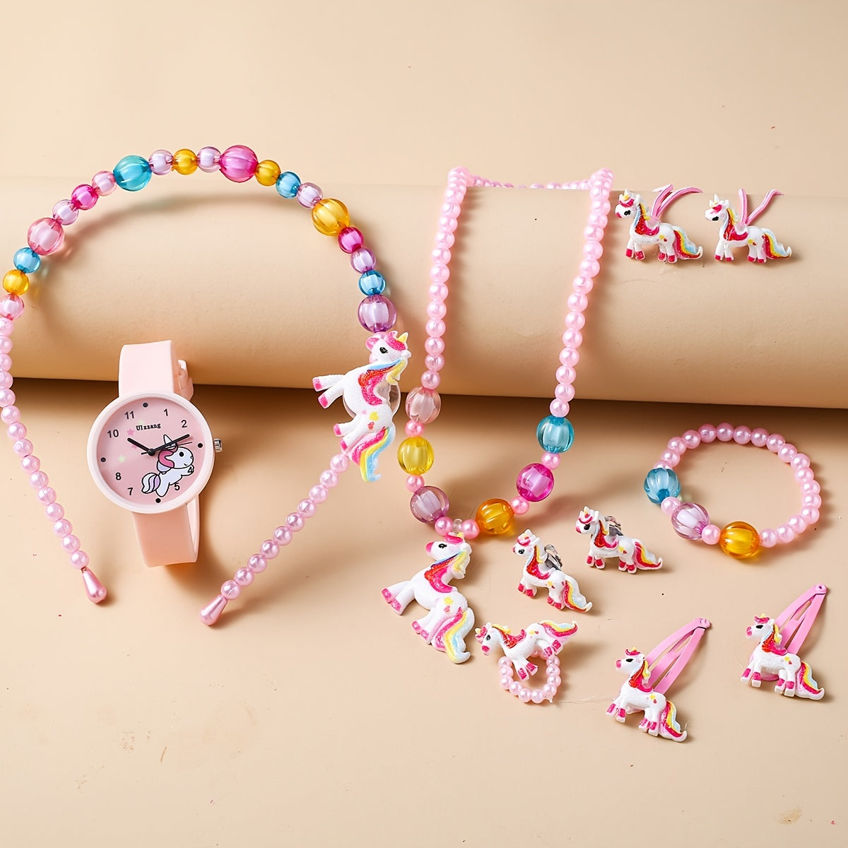 Unicorn Watch Necklace Hair Clips Bracelet Set Kids Birthday Christmas Gift