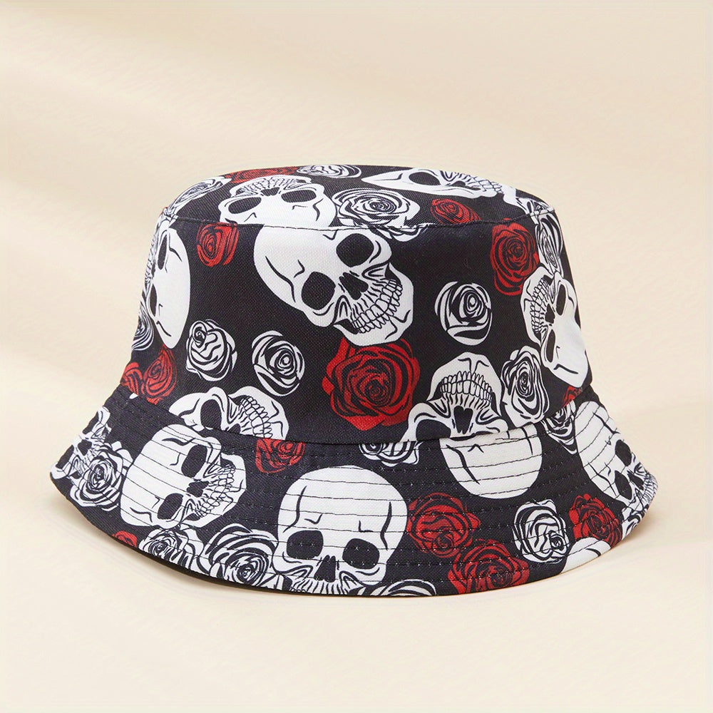 Skull Rose Print Sunshade Bucket Hat for Outdoor Travel