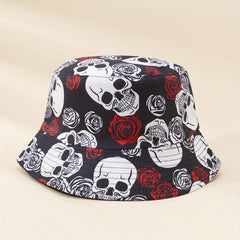 Skull Rose Print Sunshade Bucket Hat for Outdoor Travel