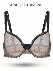 Sexy Bra Women's Plus Dot Print See through Mesh Underwire Push Up Bra
