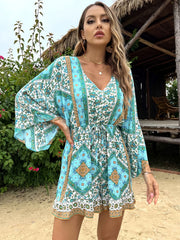 Bohemian Print Lace Up Waist Jumpsuit Bo...