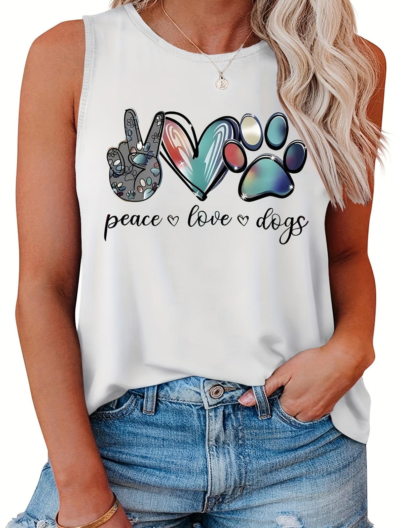 Casual Tank Top Women's Plus Art Letter & Heart Print
