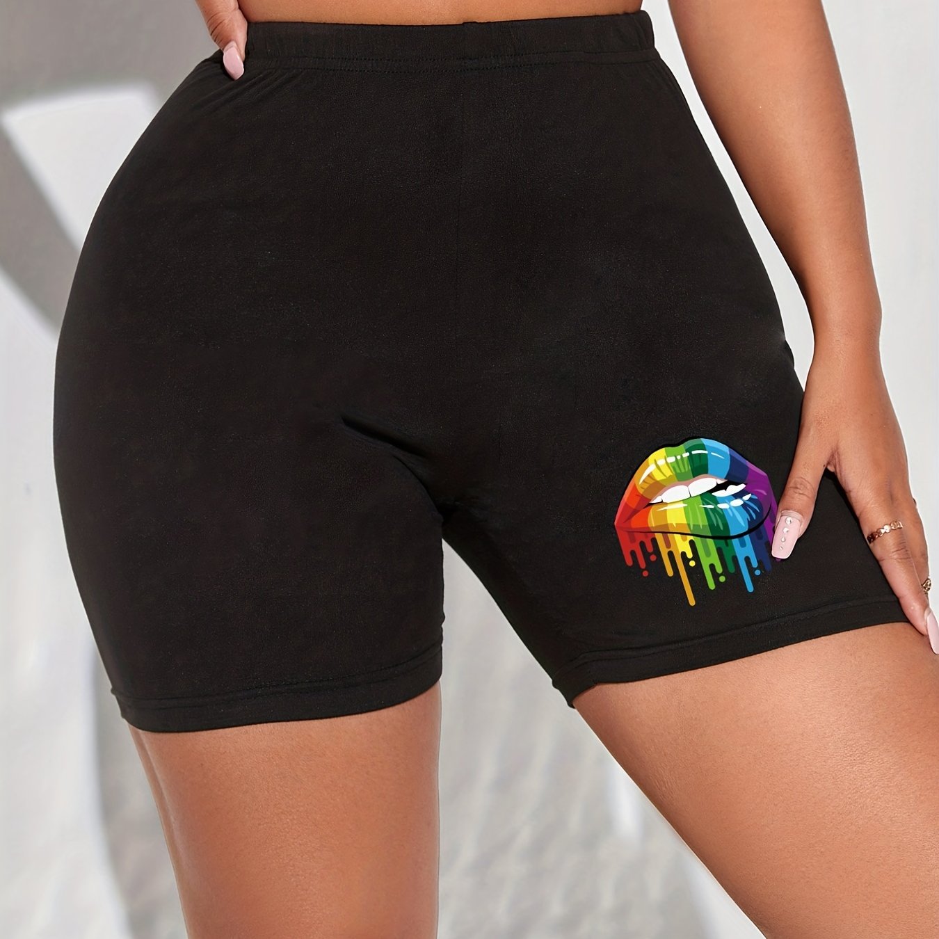 Lips Print High Waist Biker Shorts Skinny Sports Yoga Casual Short Leggings