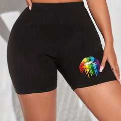 Lips Print High Waist Biker Shorts Skinny Sports Yoga Casual Short Leggings