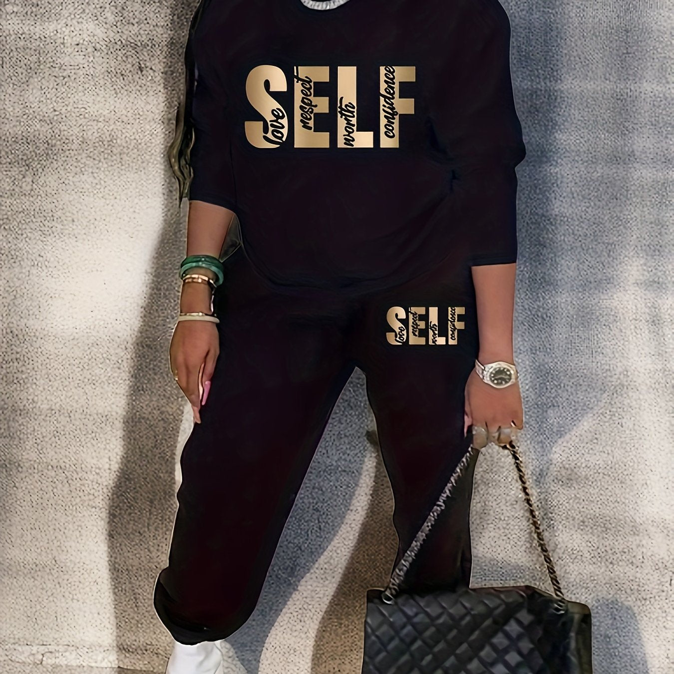 Art Letter Print Fleece Sweatshirt & Jogger Sweatpants Set