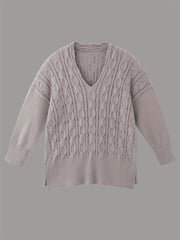 V-Neck Cable Knit Sweater - Long Sleeve Pullover Jumper