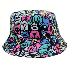 Cartoon Graffiti Print Bucket Hat Kitten Dog Pattern Sunshade Hat