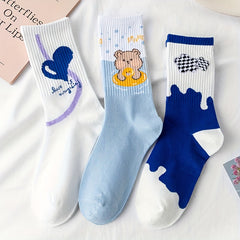 3 Pairs Bear & Heart Print Socks Comfy Women's Stockings
