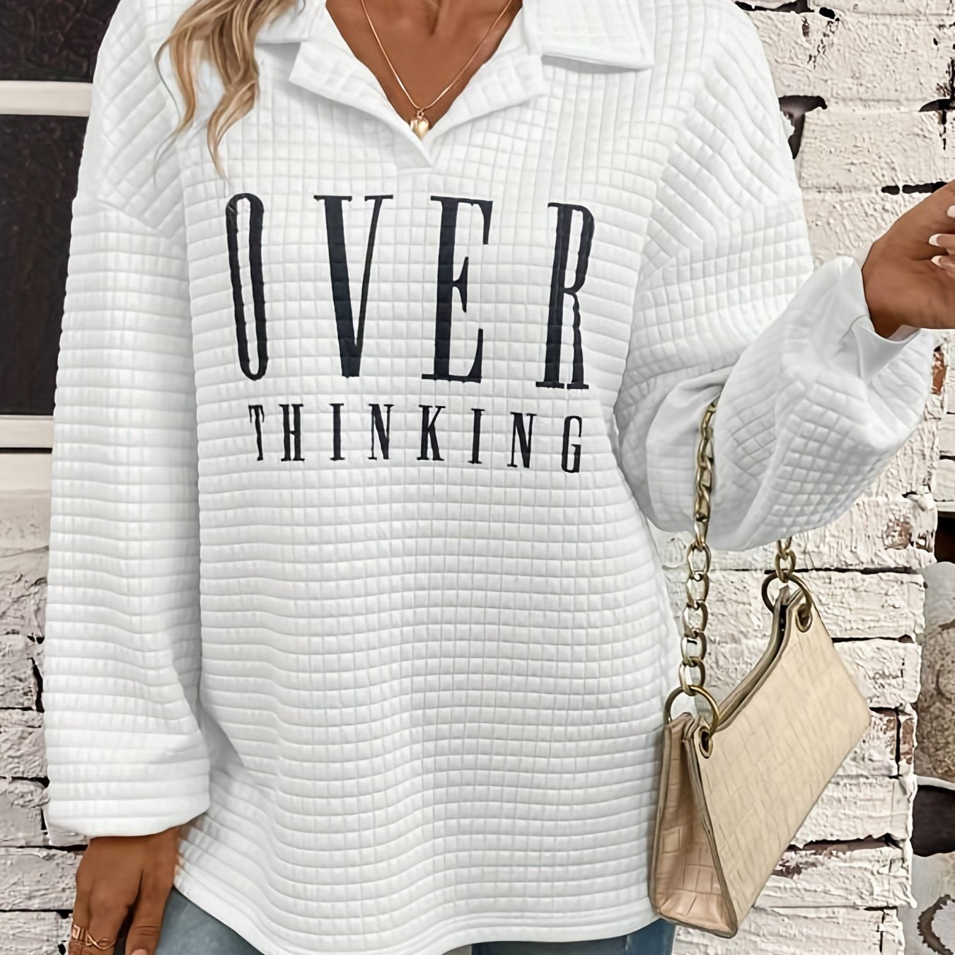 Letter Print Lapel Neck Sweatshirt Casual Long Sleeve Loose