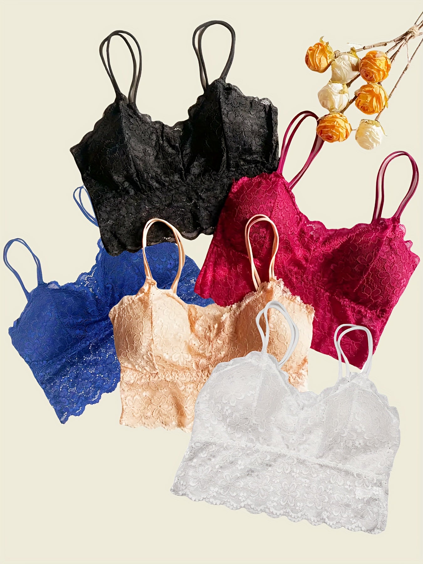 5pcs Lace Wireless Bras Scallop Trim Bra Women's Lingerie