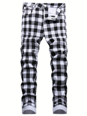 Y2K Plaid Pattern Slim Fit Jeans Vintage Style Stretch Denim Pants
