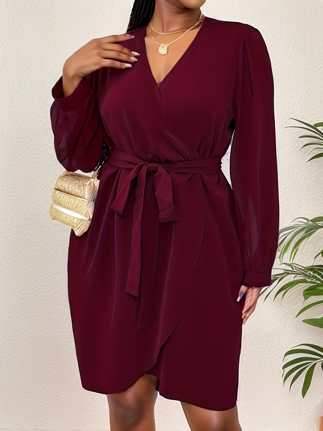 Casual Dress Women's Plus Solid Long Sleeve Wrap Dress