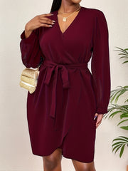 Casual Dress Women's Plus Solid Long Sleeve Wrap Dress