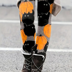 Halloween Cat & Pumpkin Print High Rise Leggings