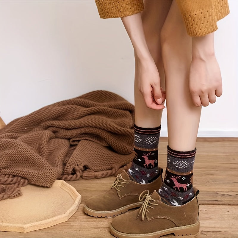 5 Pairs Elk Print Socks Christmas Crew Women's Stockings