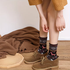 5 Pairs Elk Print Socks Christmas Crew Women's Stockings