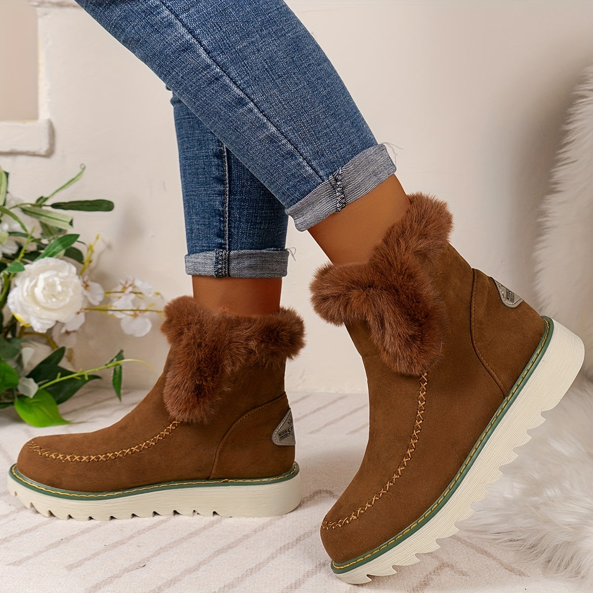 Warm Thermal Round Toe Flat Snow Boots Non Slip Fall Winter Shoes