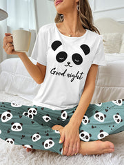 Panda Print Pajama Set Short Sleeve Top & Pants