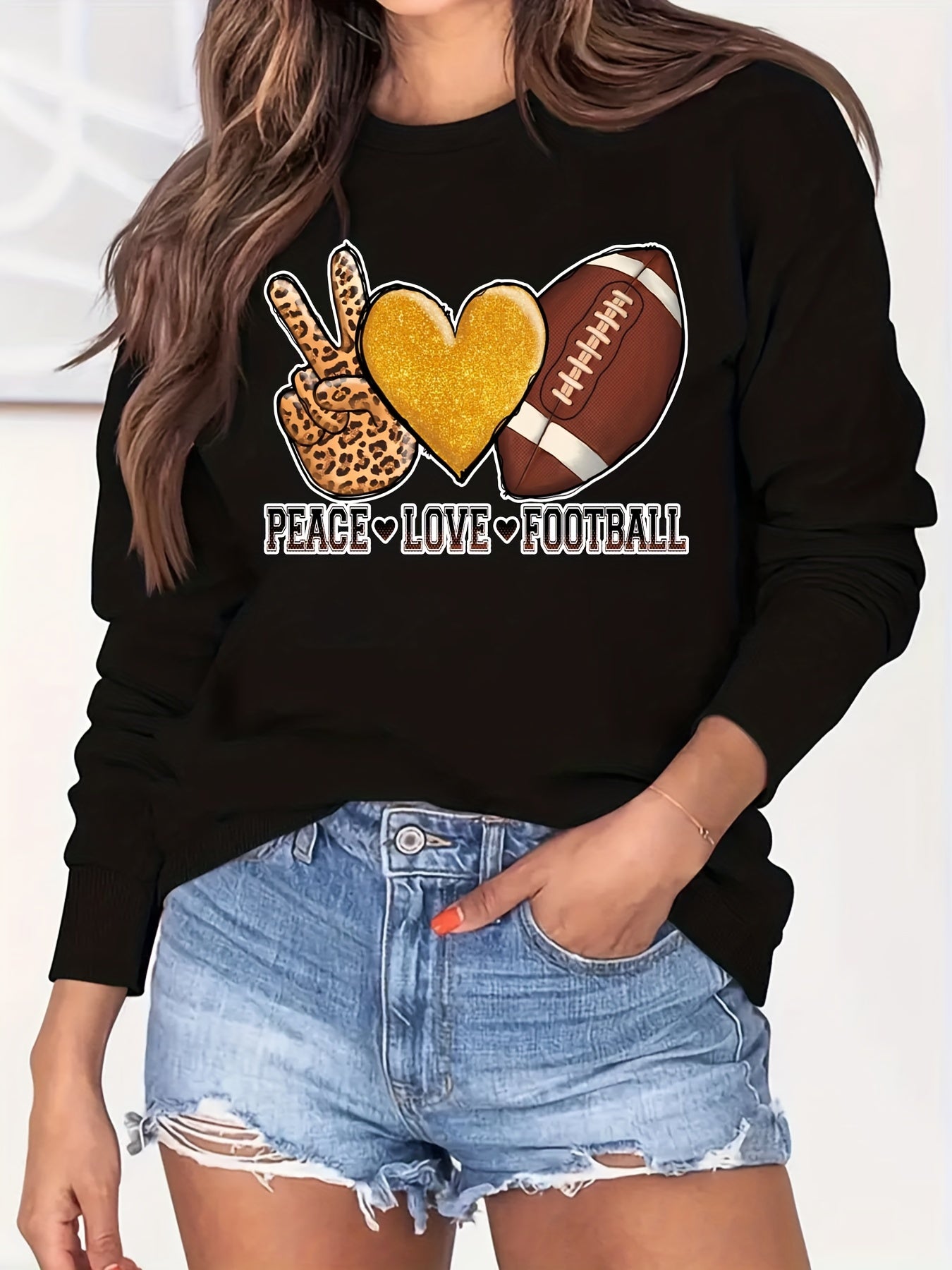 Peace Love Football Print Loose Sweatshirt