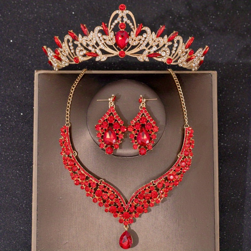 Red Crystal Bridal Jewelry Rhinestone Tiara Set for Women Bride Wedding