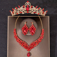 Red Crystal Bridal Jewelry Rhinestone Tiara Set for Women Bride Wedding