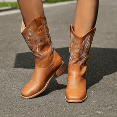 Women's Embroidery Western Boots Square Toe Mid Calf Cowboy Boots
