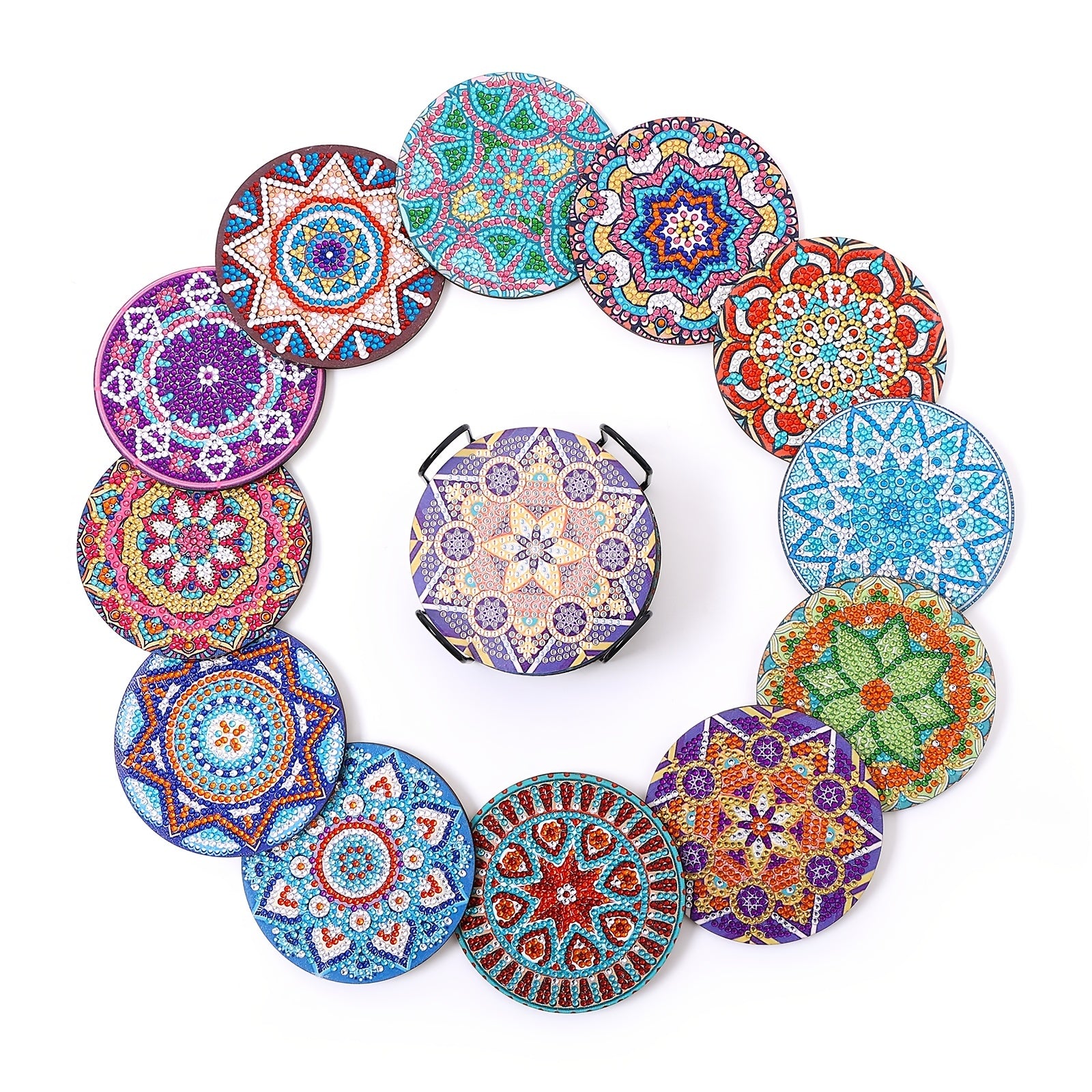 12pcs Round Manda Flower Pattern Coaster DIY Diamond Painted Wooden Coaster
