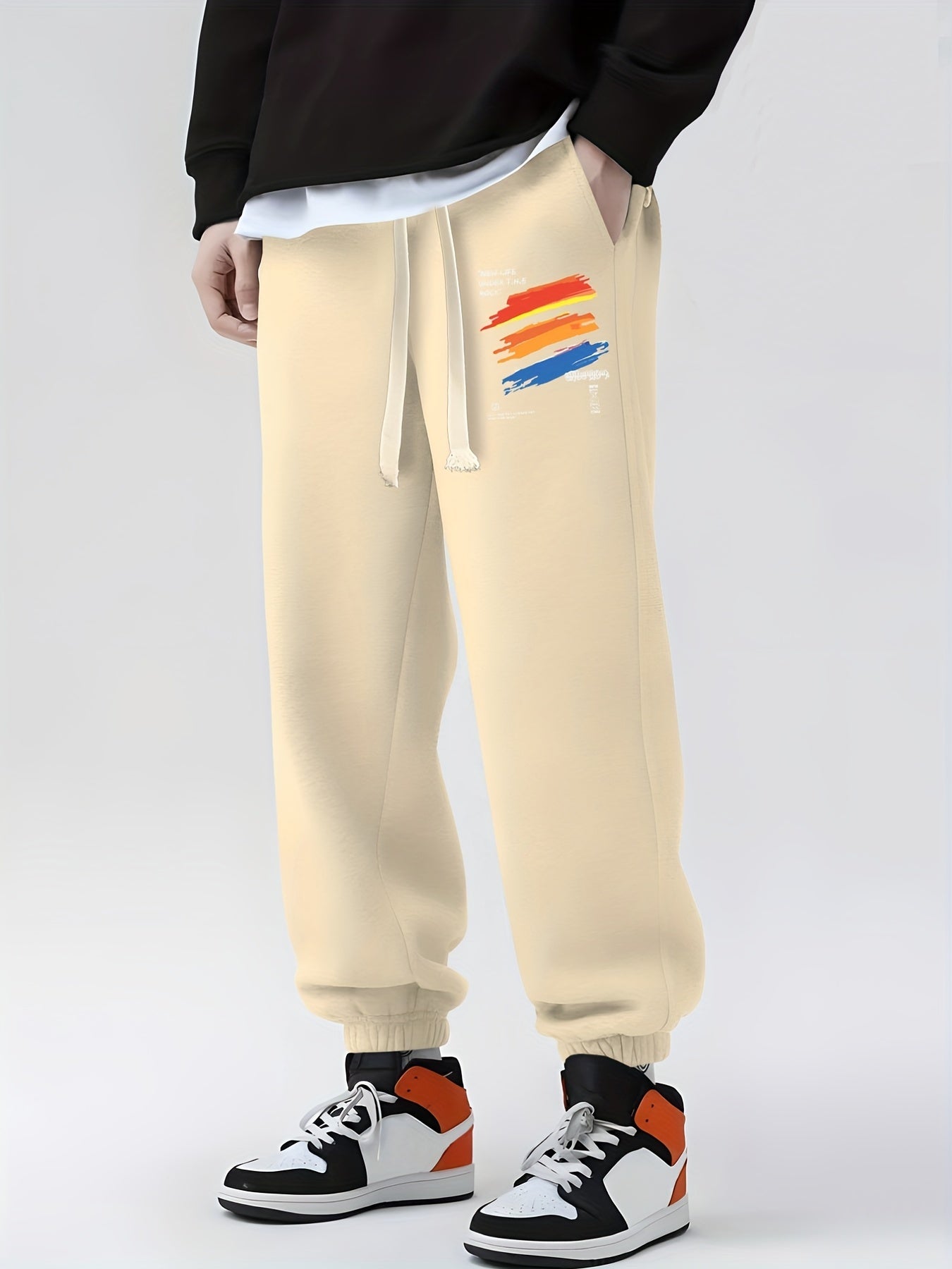 Brush Line Print Drawstring Sweatpants Men's Casual Loose Fit Pants