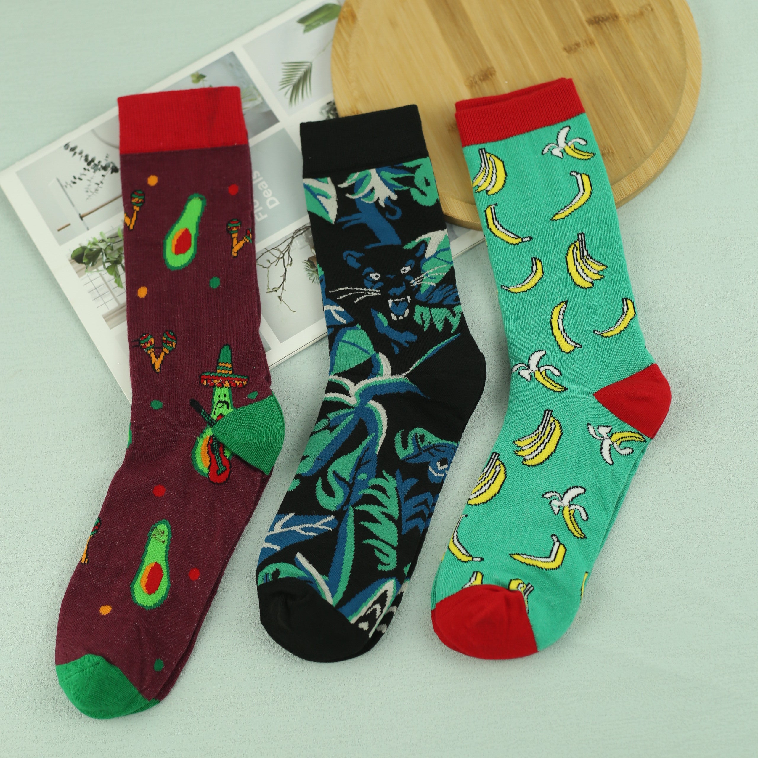 Men's Cartoon Crew Socks, 3 Pairs, Comfy Street Style, All Seasons