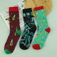 Men's Cartoon Crew Socks, 3 Pairs, Comfy Street Style, All Seasons