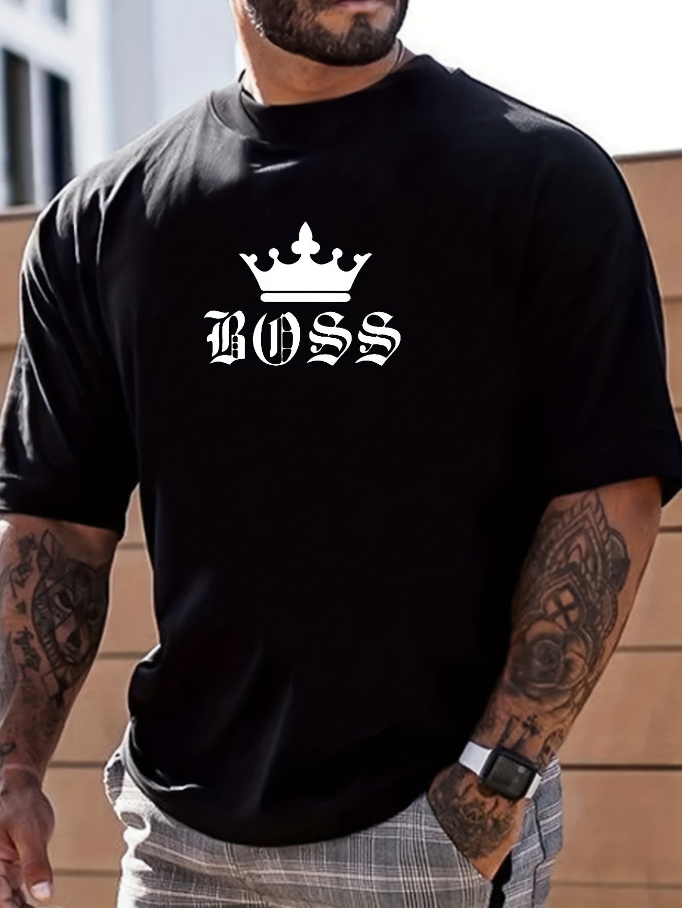 Men's Crown & Letter Print Graphic Crew Neck Tee