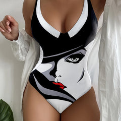 Face Portrait Print Scoop Neck One Piece Swimsuit