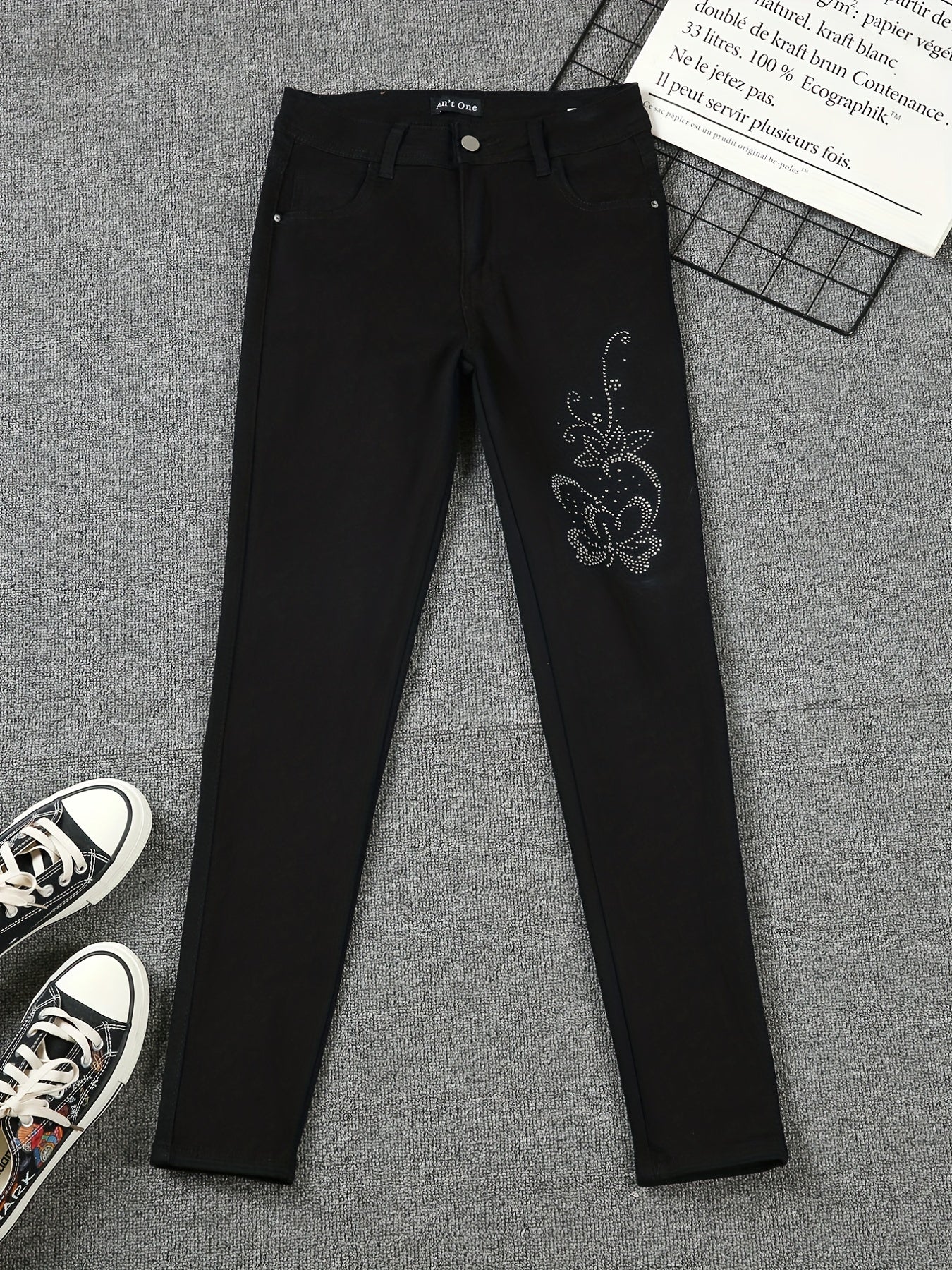 Glitter Flower Rhinestone Denim Pants Skinny Jeans Women's Clothing