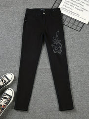 Glitter Flower Rhinestone Denim Pants Skinny Jeans Women's Clothing