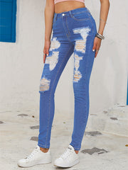 High Rise Skinny Jeans Distressed Medium Wash Denim Pants