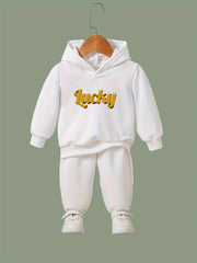 OERYUI Kids 2pc LUCKY Print Hooded Pullover Pants Set Sports Spring Fall