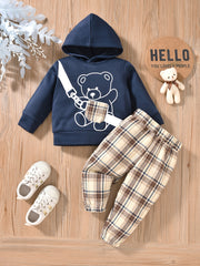 Baby Boy Bear Print Hooded Sweatshirt Plaid Pants 2pcs Set