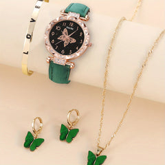 Butterfly Quartz Watch & 4 Bracelets Set, Green Butterfly