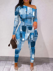 Denim Print 2pcs Set Long Sleeve T-shirt & Skinny Pants