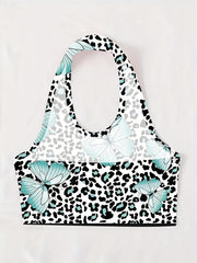 Butterfly Print Halter Top Sexy Backless Leopard Top