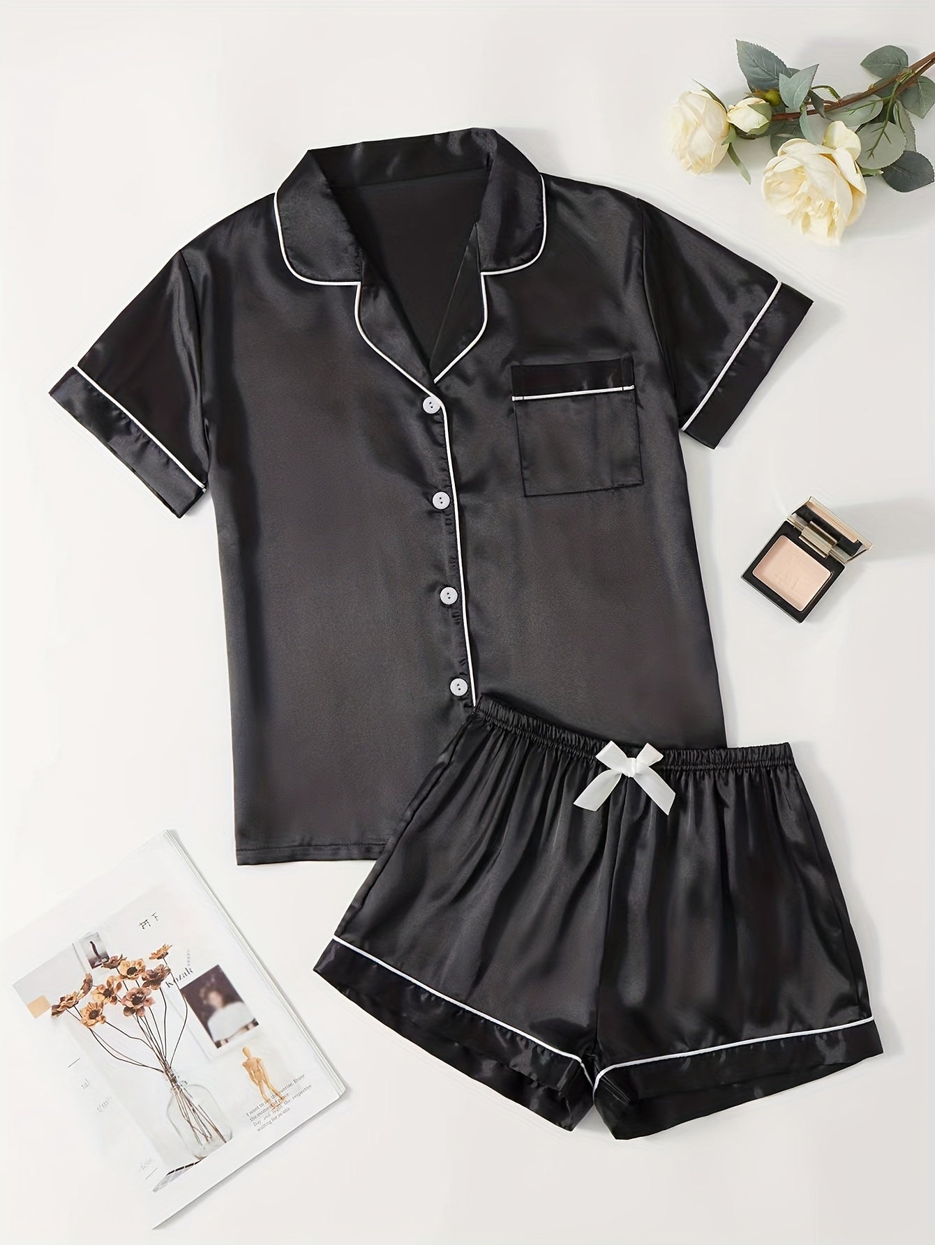 Satin Pajamas Set Short Sleeve Top & Shorts