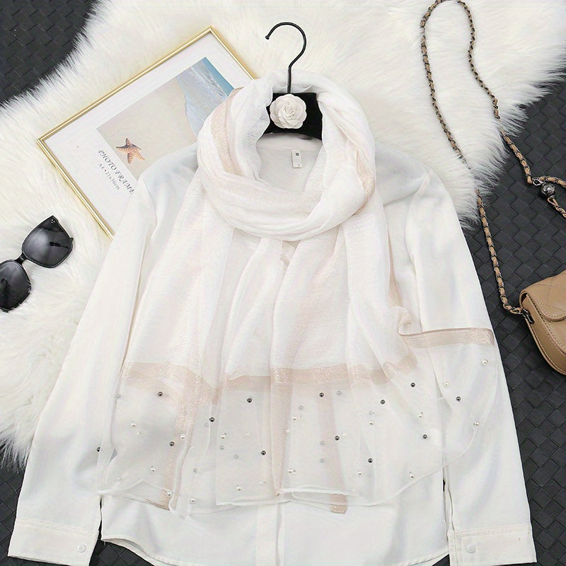 Organza Block Scarf Beads Decor Casual Shawl Women Outdoor Windproof Head Wrap