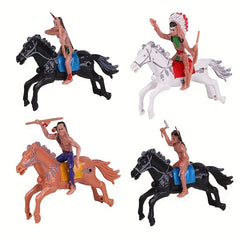 4pcs Western Cowboy and Tribal Figures Set Action Poses Rider Statues Horseback