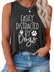 Women's Tank Top Slogan & Paws Print Round Neck Tank Top